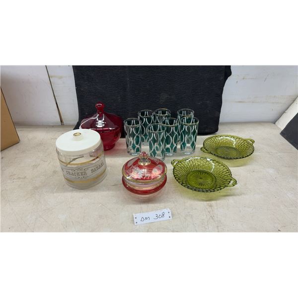 Vintage Glassware, Serving Bowls, Libbey Tumblers, Cracker Barrel Jar, Cranberry Style Candy
