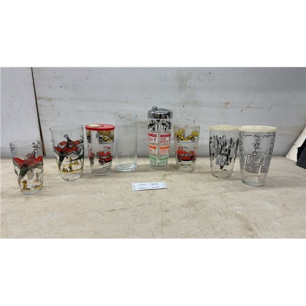 Vintage Mid-Century Cocktail Glassware Lot, Chevrolet 1913 Tumblers, Recipe Shaker