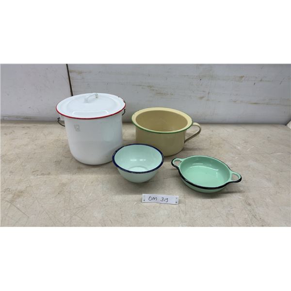 Vintage Enamelware Collection, Lidded Pail, Mixing Bowl, Serving Dish