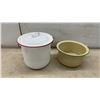 Image 5 : Vintage Enamelware Collection, Lidded Pail, Mixing Bowl, Serving Dish