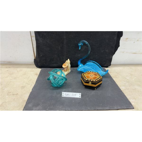 Glass Swan Sculpture, Glass Knot, Marble Figure, Marquetry Musical Trinket Box