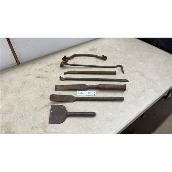 Antique Forged Steel Hand Tools Including Chisels, Scrapers, Linkage, and Latch Bar