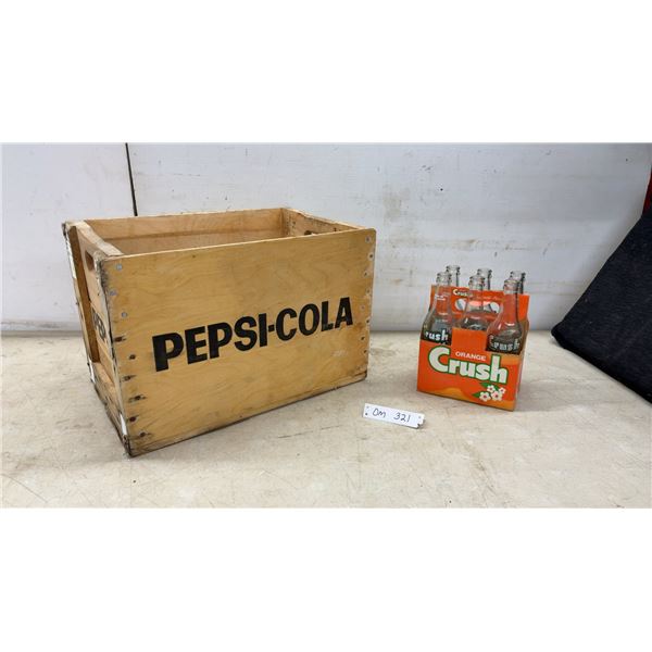 Vintage Pepsi-Cola Wooden Bottle Crate and Orange Crush 6-Pack Cardboard Carrier With Bottles