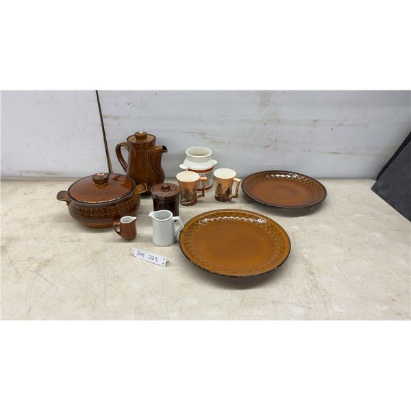 Cambrian Stoneware Brown Glazed Dinnerware Set Including Plates, Coffee Pot, Tureen