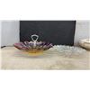 Image 3 : Vintage Iridescent Carnival Glass Ruffled Handled Bonbon Dish and Iridescent Ruffled Serving Dish