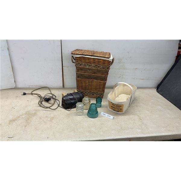 Wicker Laundry Hamper, Vintage Hook-on Bed Lamp, Glass Insulators