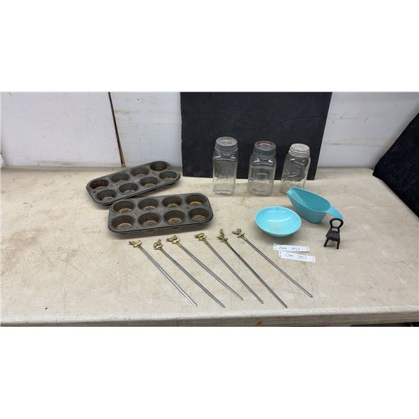 Vintage Muffin Tins, Mason Jars, Melmac Melamine Bowl and Gravy Boat, Skewers with Brass Animal