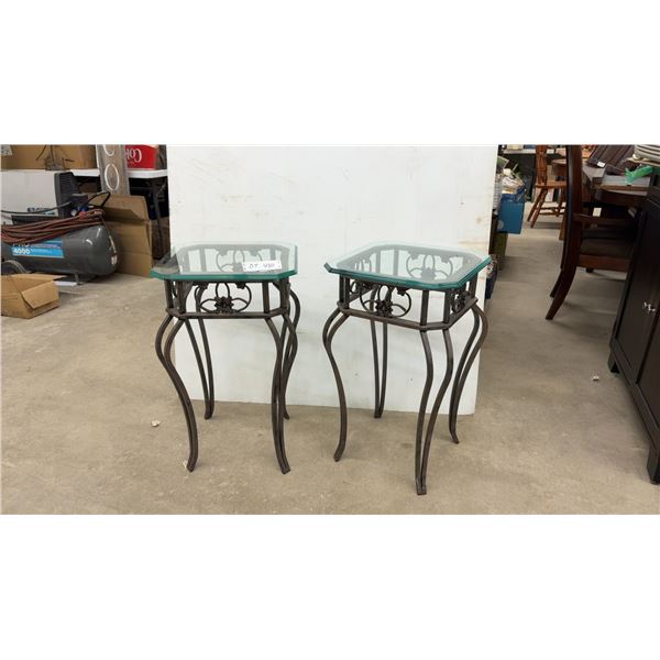 Pair of Octagonal Wrought Iron Side Tables With Beveled Glass Tops and Scrollwork Design