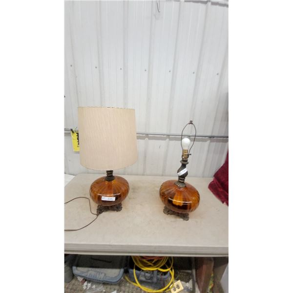 Pair of Amber Ribbed Glass Table Lamps with Ornate Metal Bases and One Shade MCM.