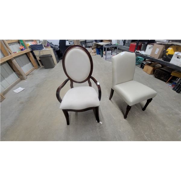 Two Upholstered Dining Chairs: One Oval Back Armchair and One Square Back Side Chair