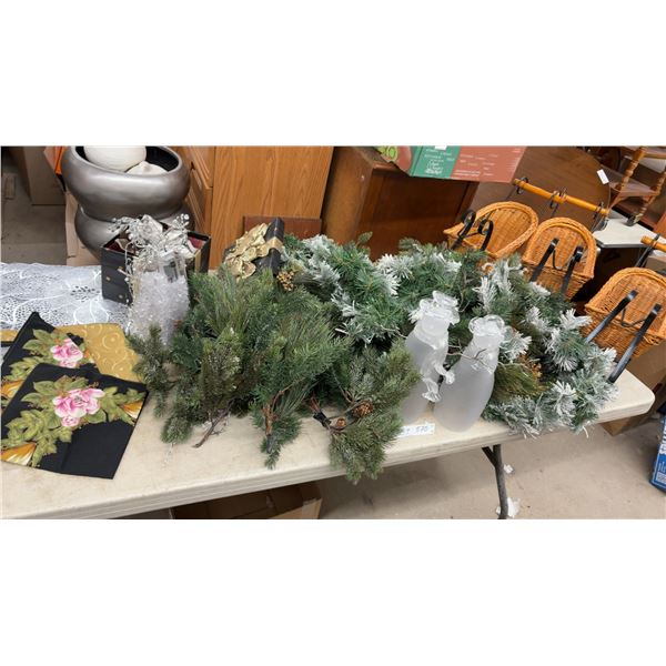 Christmas Decor, Placemats, Table Runner, Christmas Greenery, Frosted Glass Figures, 2 Totes
