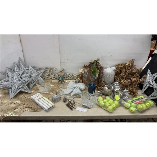 Christmas Decor, Glitter Stars, Gold "Believe" Sign, Crystal Sleighs, Candles, Ornaments
