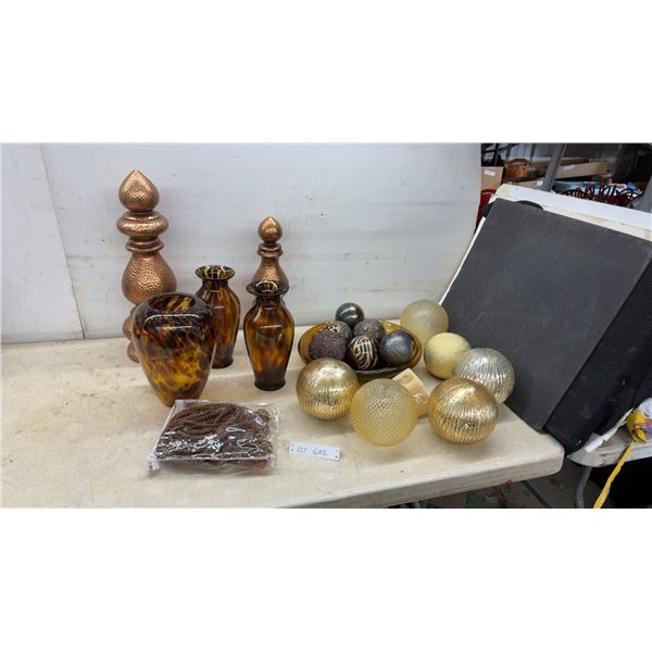 Room Decor, Hammered Copper Finials, Tortoiseshell Vases, Glass Orbs