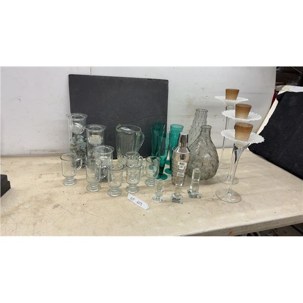 Glassware, Pitcher, Cocktail Shaker, Wire Mesh Vases, Footed Mugs, Candle Holders