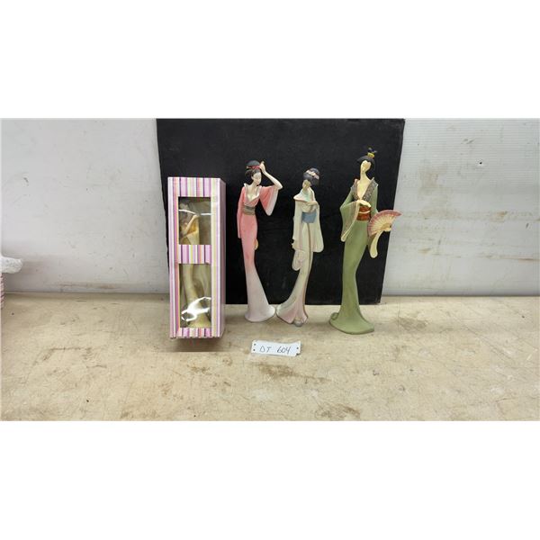 Four Oriental Geisha Figurines in Traditional Kimonos, 15” Tall