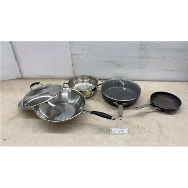 Assorted Cookware, Stainless Steel Wok, Steamer Pot, and Non-Stick Frying Pans
