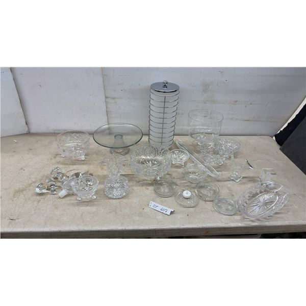 Assorted Clear Glass and Cut Crystal Servingware, Wine Goblets, Footed Bowls, Cake Stand