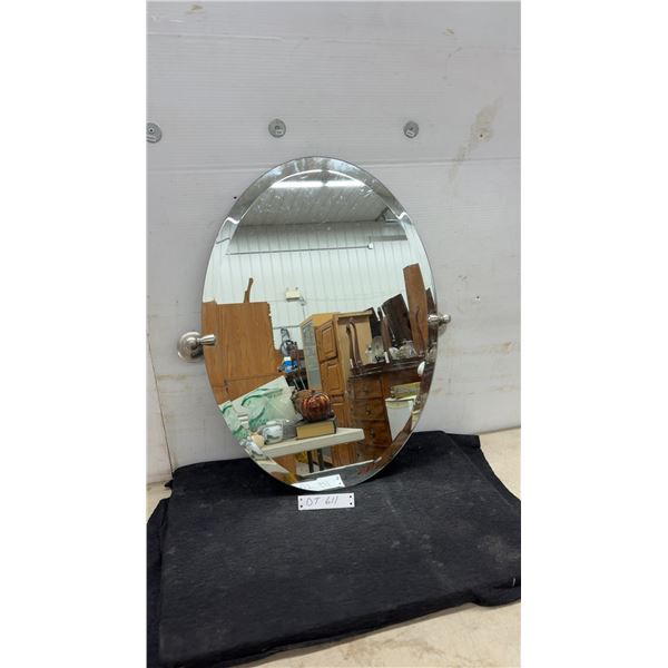 Oval Frameless Beveled Wall Mirror with Satin Nickel Mounting Brackets, 26 × 19”