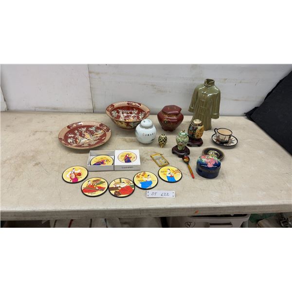 Asian Decorative Bowl, Plate, Ginger Jars, Cup and Saucer, Coasters, Robe Figurine