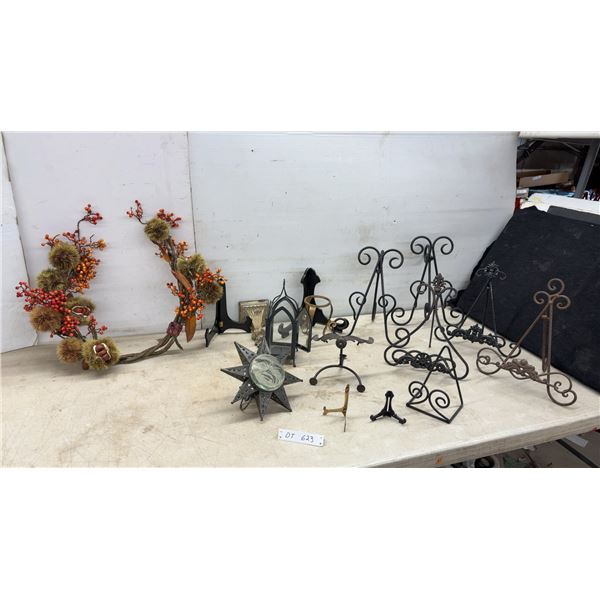Assorted Metal Easel Display Stands, Celestial Star Candle Holder, and Faux Autumn Berry Garland