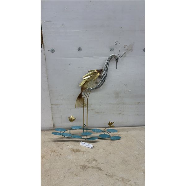 Decorative Metal Heron Sculpture with Lily Pad Base, Silver and Gold Tone, 32” Tall