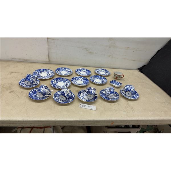 Royal Crown Derby Blue Mikado Bone China Tea Set, 1955, and a Japanese Kutani Cup