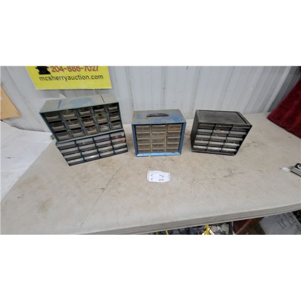 Three Multi-Drawer Small Parts Organizers full of hardware