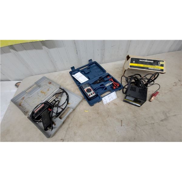 Soldering Gun, Mastercraft Digital Multimeter, Motomaster 12V Battery Charger
