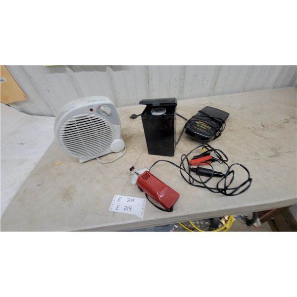 Airworks Fan Heater, Electric chain sharpener, VCR Rewinder, and Timer