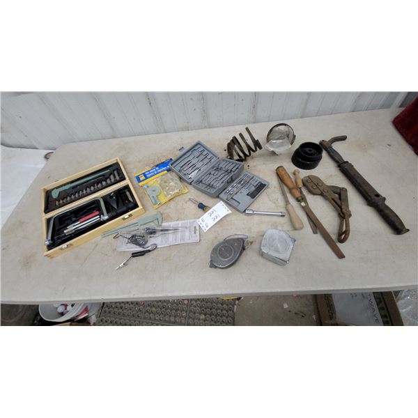 Assorted Tools: Fret Saw and Caliper Set, Socket Sets, Pliers, Screwdrivers