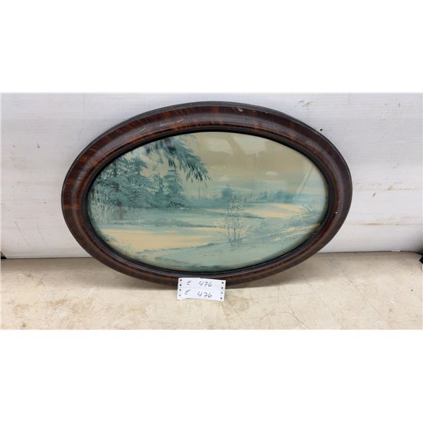 Oval-Framed Landscape Print with Convex Glass and Wood Frame, 17 × 23”