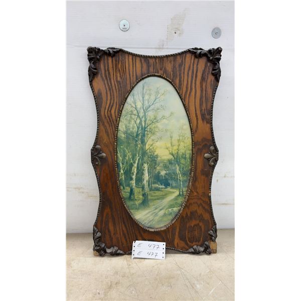 Antique Framed Landscape Print in Ornate Carved Quarter-Sawn Oak Frame, 26 × 16” (some Damage in