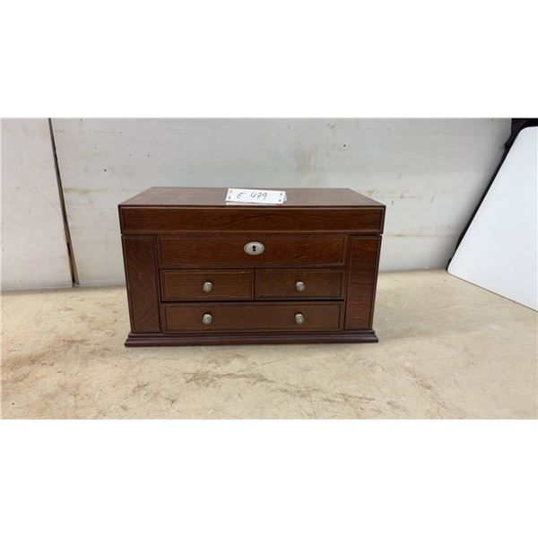 Wooden Jewelry Chest with Hinged Mirrored Lid, Drawers, and Side Necklace Compartments