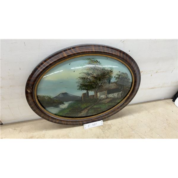 Antique Oval Framed Landscape Picture with Convex Glass, 17 × 23”