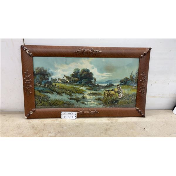 Vintage Framed Pastoral Landscape Picture in Beautiful Carved Wood Frame, 19 × 33” (Damage on