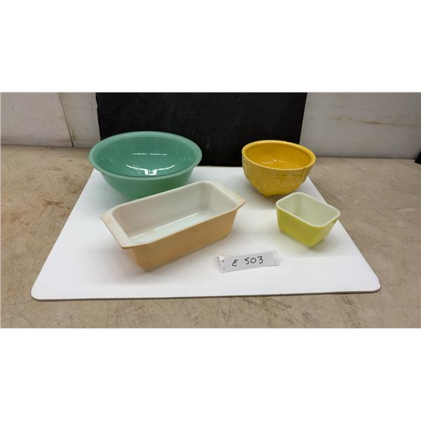 Vintage Pyrex Green Mixing Bowl, Loaf Pan, Refrigerator Dish and Yellow Pottery Bowl