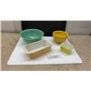 Image 1 : Vintage Pyrex Green Mixing Bowl, Loaf Pan, Refrigerator Dish and Yellow Pottery Bowl