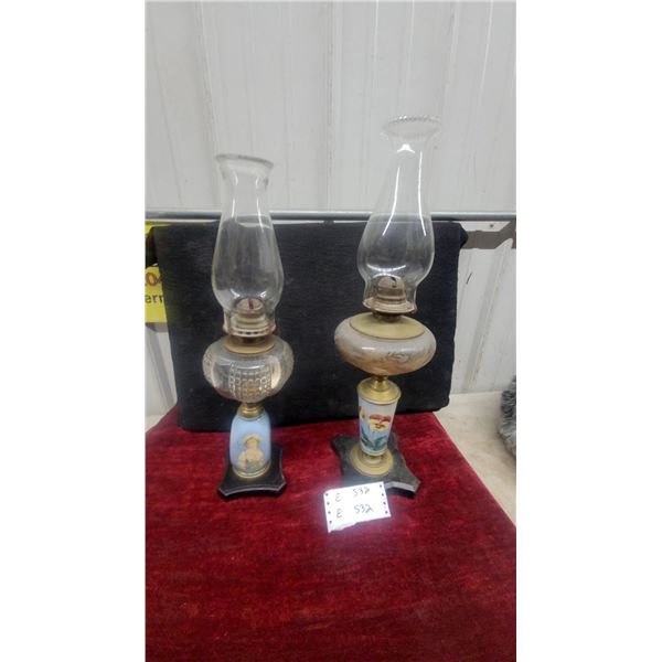 Pair of Antique Oil Lamps with Glass Chimneys and Painted Ceramic Bases