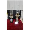Image 1 : Pair of Antique Oil Lamps with Glass Chimneys and Painted Ceramic Bases
