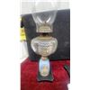 Image 4 : Pair of Antique Oil Lamps with Glass Chimneys and Painted Ceramic Bases