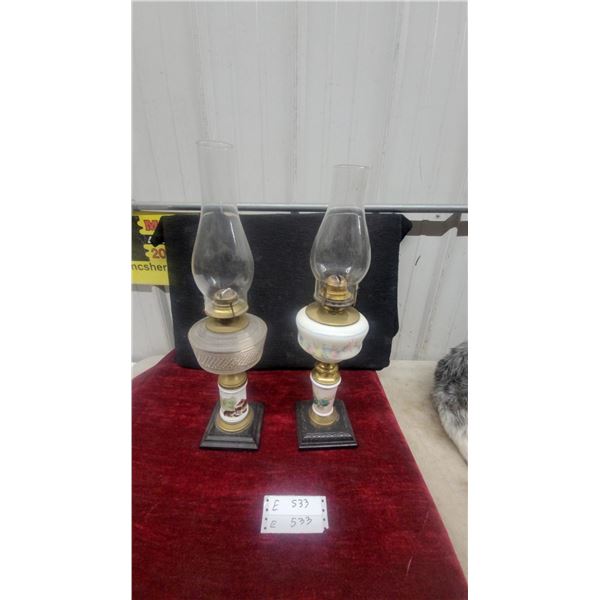 Pair of Antique Kerosene Lamps with Glass Chimneys, and Hand-Painted Ceramic Bases