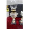 Image 4 : Pair of Antique Kerosene Lamps with Glass Chimneys, and Hand-Painted Ceramic Bases