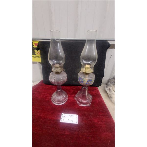 Two Clear Glass Oil Lamps with Chimneys