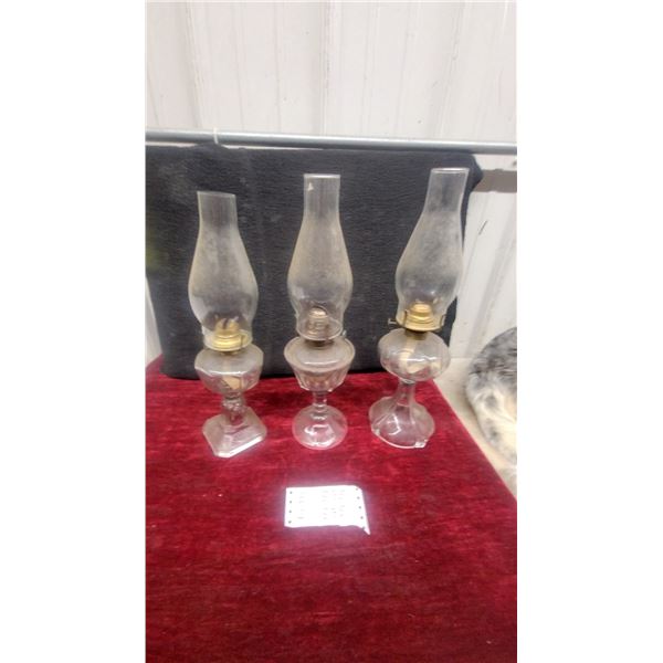 Three Clear Glass Kerosene Lamps with Chimneys and Brass Burners