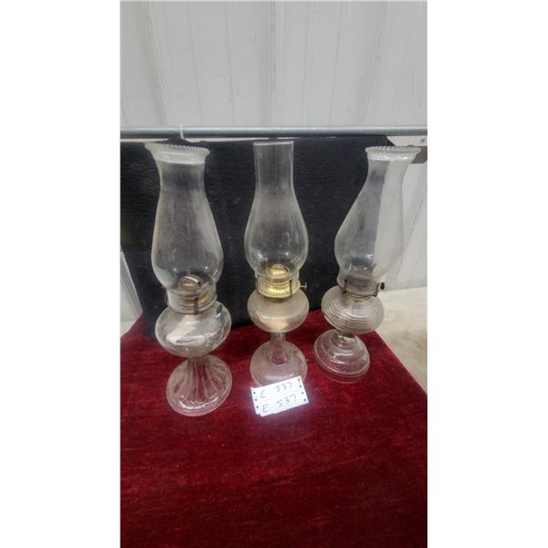 Three Clear Glass Kerosene Lamps with Chimneys and Brass Burners