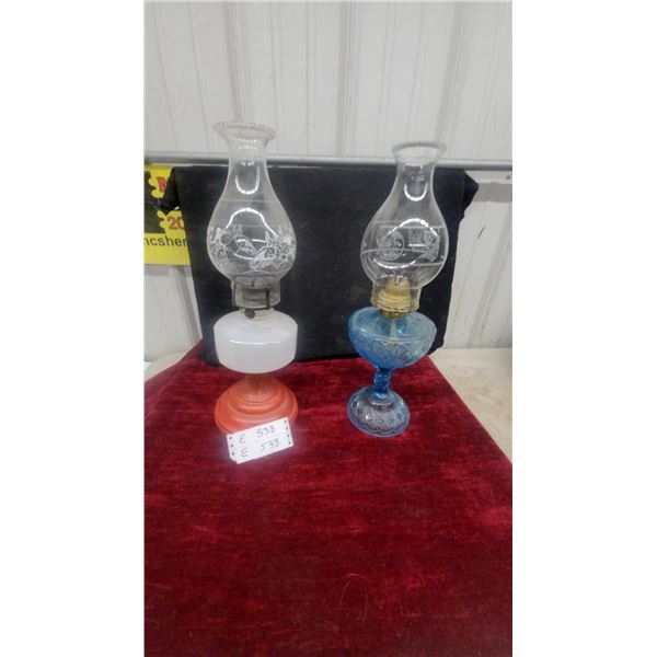 Pair of Oil Lamps: Red Base with White Font and Clear Etched Chimney; Blue Glass Etched Lamp