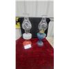 Image 1 : Pair of Oil Lamps: Red Base with White Font and Clear Etched Chimney; Blue Glass Etched Lamp