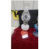 Image 2 : Pair of Oil Lamps: Red Base with White Font and Clear Etched Chimney; Blue Glass Etched Lamp