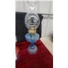 Image 5 : Pair of Oil Lamps: Red Base with White Font and Clear Etched Chimney; Blue Glass Etched Lamp