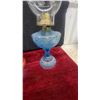 Image 6 : Pair of Oil Lamps: Red Base with White Font and Clear Etched Chimney; Blue Glass Etched Lamp